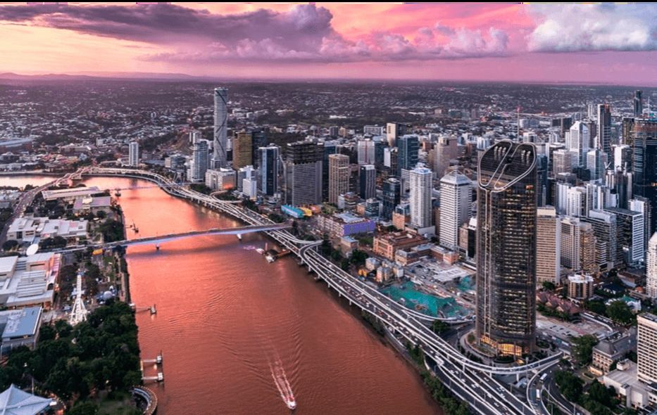 aerial view of brisbane city during sunset